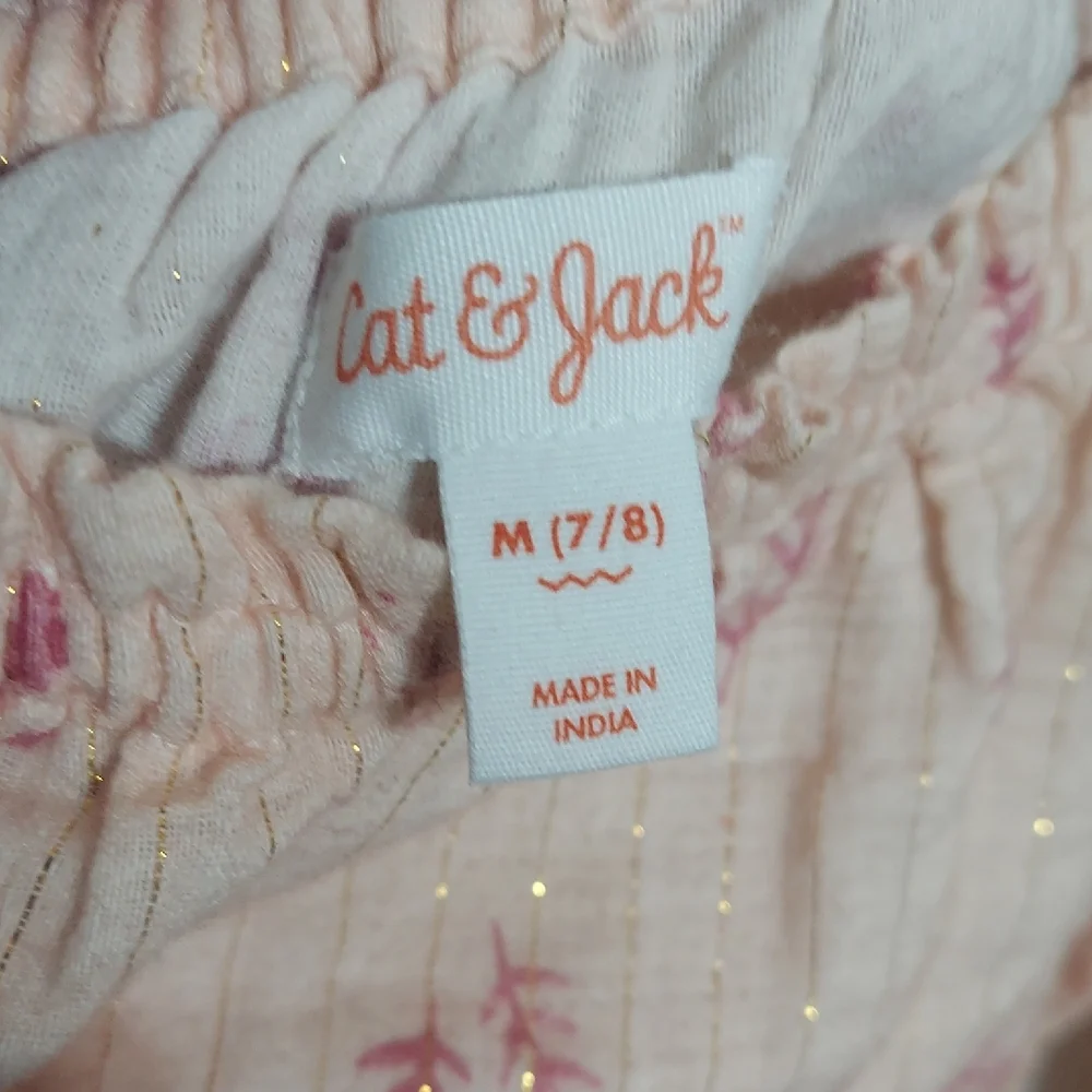 Cat & Jack Girls Blush Pink Peasant Top – Floral Gold Shimmer – Size 7-8